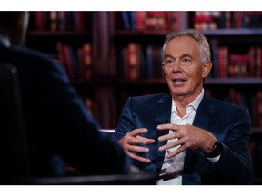 Tony Blair, executive chairman of the Tony Blair Institute for Global Change, during a Bloomberg Television interview in New York, US, on Tuesday, Sept. 19, 2023. Blair discussed AI, Brexit, and cooperation with Europe.