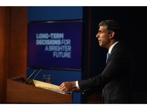 Rishi Sunak, UK prime minister, speaks at a news conference in Downing Street in London, UK, on Wednesday, Sept. 20, 2023. Sunak was told weeks before deciding to roll back his green policies that he risked jeopardizing Britain's place as global leader on climate as well as his legally binding net zero goal.