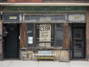 A small business with a CEBA sign in Toronto, in April 2020.
