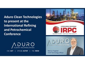 Aduro is delighted to announce that Marcus Trygstad, Chief Technology Officer will be presenting at the International Refining and Petrochemical Conference ("IRPC").