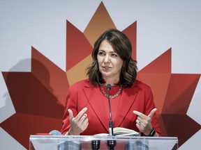 Alberta Premier Danielle Smith speaks to the media in Calgary.