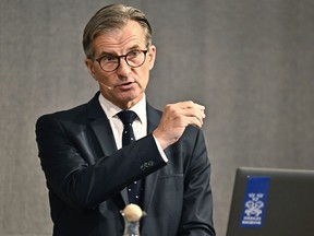 Governor of the Riksbank Erik Thedeen gestures during a press conference, in Stockholm, Thursday, Sept. 21, 2023. Sweden's central bank has raised its key interest rate, saying the "inflationary pressures in the Swedish economy are still too high." However, there were signs that the inflation had begun to fall. The Riksbank raised its policy rate Thursday by a quarter of a percentage point to 4% and says it could be raised further.