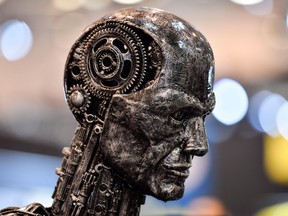 A metal head made of motor parts symbolizing artificial intelligence.