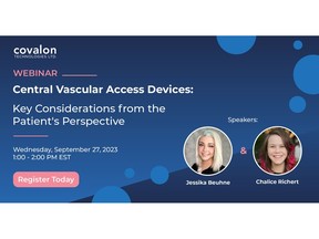 Covalon presents a new webinar titled "Central Vascular Access Devices: Key Considerations from the Patient's Perspective", featuring speakers Jessika Buehne and Chalice Richert, to be held on Wednesday, September 27, 2023, at 1 – 2 PM EST.