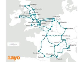 Map of Zayo's 400G enabled route across Europe.
