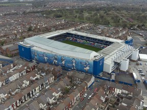 FILE - Everton's Goodison Park Stadium is seen in Liverpool, England, Wednesday, April 21, 2021. Everton, one of English soccer's most storied teams, will be bought by American private investment firm 777 Partners, the club said Friday, Sept. 15, 2023.