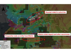 Claim map on airborne magnetic base map showing potential extension of Midrim nickel – copper deposit host stratigraphy onto Angliers project claims, and elevated nickel in rock samples in northern magnetic belt.