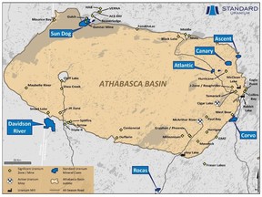 Overview map of the Athabasca Basin highlighting Standard Uranium's seven exploration projects.