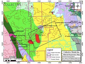 Mineral Occurrences Map, showing MINFILE occurrences within the Trojan-Condor Corridor and to east (Copper Mountain Mine camp) and west (Whipsaw Property).
