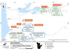 Location of Sirios' projects in relation to lithium deposits and discoveries.