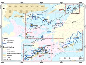 Omaruru Lithium Project location relative to the Twin Hills Gold Project, other Osino projects and mines and deposits in the area.