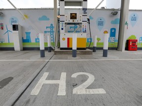 A H2 logo at a hydrogen charging station in the U.K.