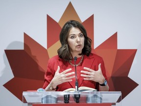The Alberta government has released a report that it commissioned on the financial implications of the province leaving the Canada Pension Plan. Alberta Premier Danielle Smith speaks to the media in Calgary, Monday, Sept. 18, 2023.THE CANADIAN PRESS/Jeff McIntosh