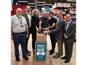From left to right: Tom Palantaz, Assistant Store Manager, Longo's; Jon McQuaid, Vice President Marketing, Communications and Innovation, Call2Recycle; Deb Craven, President, Longo's; Reno Palermo, store manager, Longo's; John Distefano, Director of Operations, Longo's; Pat Pessotto, Executive Vice President of Sustainability & Industry Relations, Longo's;  Joseph Chung, Vice President, Account Management, Call2Recycle