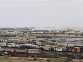 Smoke emanates from a railroad car after an explosion at Union Pacific's Bailey Yard on Thursday, Sept. 14, 2023, in North Platte, Neb. An explosion Thursday inside a shipping container generated toxic smoke and forced evacuations.