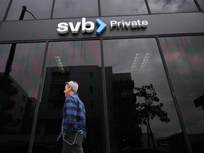 The SVB Private logo is displayed outside of a Silicon Valley Bank branch in Santa Monica, California.