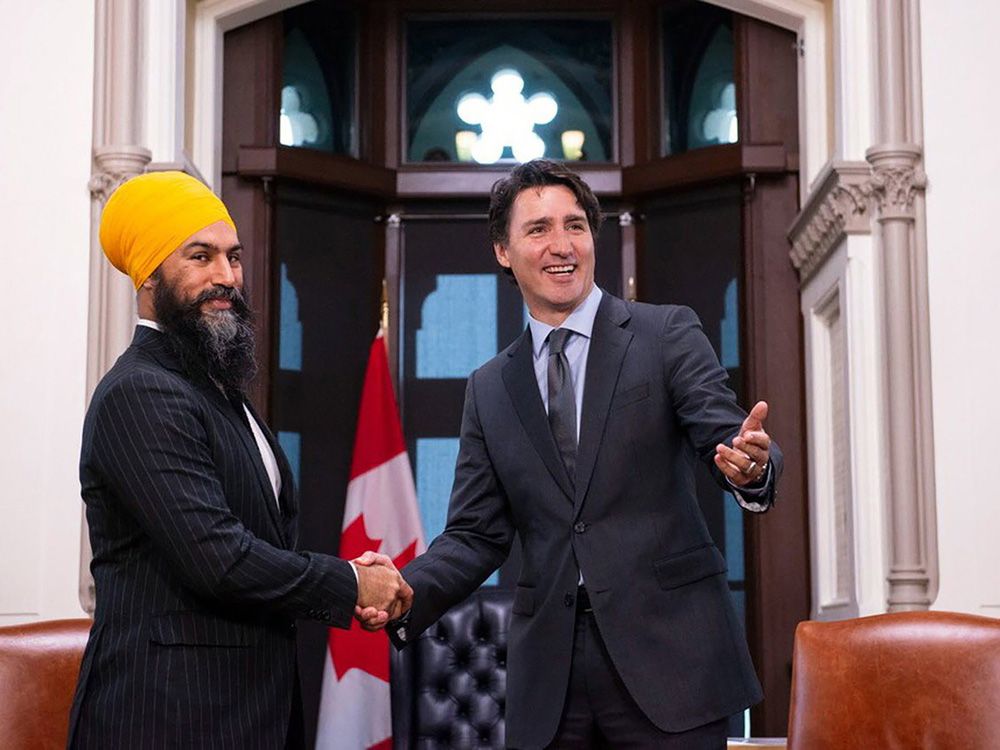 NDP leader Jagmeet Singh and Prime Minister Justin Trudeau on Parliament Hill in Ottawa.