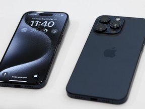 The new iPhone 15 Pro and iPhone 15 Pro Max are displayed during an Apple event in Cupertino, California.