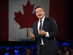 Conservative Leader Pierre Poilievre speaks to delegates at the Conservative Party Convention in Quebec City.