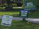 Signs opposing the Ontario government's plans for the Greenbelt are seen outside homes in the Duffins Rouge Agricultural Preserve, part of Ontario's Greenbelt, on May 15, 2023.