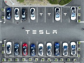 Tesla cars parked in a lot at the Tesla Inc. factory in Fremont, California.