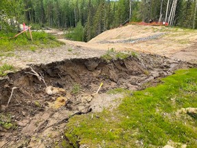 A large gully and sediment pooling shows no effective erosion control measures on construction of TC Energy Corp.’s Coastal GasLink pipeline, according to a B.C. Environmental Assessment Office inspection.