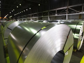 Rolls of coiled coated steel at Stelco Holdings Inc. in Hamilton.