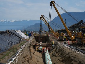 Workers lay pipe during construction of the Trans Mountain pipeline expansion on farmland in Abbotsford, B.C.