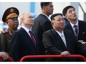 Vladimir Putin and Kim Jong Un at the Vostochny Cosmodrome in Amur region on Sept. 13. Photographer: Mikhail Metzel/Getty Images