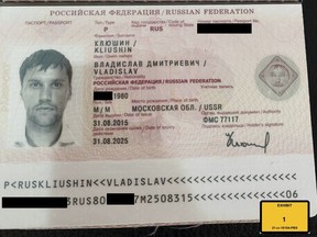 FILE - This image provided by the U.S. Attorney's Office, shows a Russian passport of Vladislav Klyushin, part of the government evidence entered into the record as exhibits in Klyushin's trial. Klyushin was sentenced Thursday, Sept. 7, 2023, to nine years in prison for his role in a nearly $100 million stock market cheating scheme that relied on secret earnings information stolen through the hacking of U.S. computer networks. ( U.S. Attorney's Office via AP)