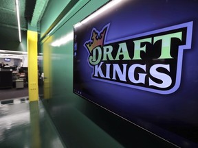 FILE - The DraftKings logo is displayed at the sports betting company headquarters, May 2, 2019, in Boston. DraftKings apologized Monday, Sept. 11, 2023, after using the Sept. 11, 2001, terror attacks to entice people to bet on baseball and football games on the anniversary of the tragedy that killed nearly 3,000 people.