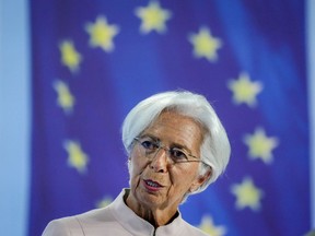 President of European Central Bank Christine Lagarde speaks at the press conference in Frankfurt, Germany, Thursday, Sept.14, 2023, after a meeting of the ECB's governing council.