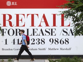 A Retail For Lease/Sale sign in Toronto. Receipts for retailers dropped 0.3 per cent in August, the first decline since March, according to an advance estimate from Statistics Canada.