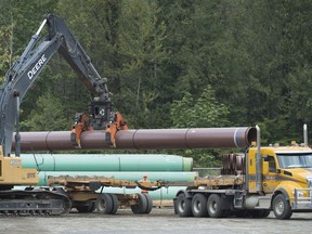 Pipeline pipes are seen at a Trans Mountain facility near Hope, B.C., Thursday, Aug. 22, 2019. The crown corporation behind the Trans Mountain pipeline expansion says it may not complete the project before December 2024 if a regulator does not approve its request for a route deviation.THE CANADIAN PRESS/Jonathan Hayward
