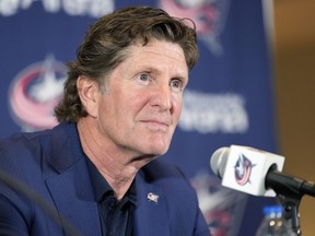 Mike Babcock addresses the media as the Columbus Blue Jackets introduce Babcock as their new head coach during a news conference on Saturday, July 1, 2023 in Columbus, Ohio. Babcock thought he was just trying to get to know his players better, but experts say he may have crossed a line that's sometimes hard to see.