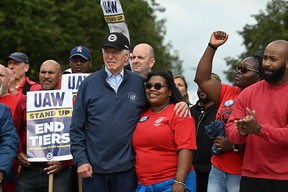 U.S. President Joe Biden joins a picket line with members of the United Auto Workers (UAW) union at a General Motors Service plant in Belleville, Michigan.