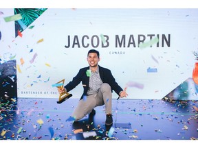 Jacob Martin celebrates his win at the World Class Global Bartender of the Year awards.