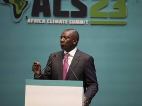 Kenyan President William Ruto, addresses delegates during the official opening of the Africa Climate Summit at the Kenyatta International Convention Centre in Nairobi, Kenya, Monday, Sept. 4, 2023. The first African Climate Summit opened with heads of state and others asserting a stronger voice on a global issue that affects the continent of 1.3 billion people the most, even though they contribute to it the least.