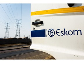 A company logo sits on an Eskom maintenance truck door in Soweto, South Africa.