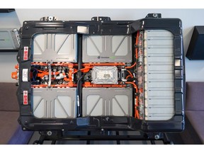 A finished battery for the Nissan Leaf at the Envision AESC battery manufacturing facility in Sunderland, UK, in 2021.