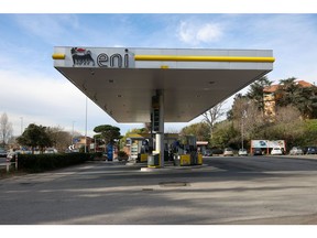 The forecourt at a closed Eni SpA gas station during a strike by fuel station operators in Rome, Italy, on Wednesday, Jan. 25, 2023. Fuel pumps across the country shut down Tuesday evening as operators protest government measures aimed at reducing alleged price gouging that they say is inexistent.
