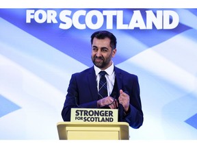 Humza Yousaf, speaks after being announced as the new leader of the Scottish National Party (SNP) at Murrayfield stadium in Edinburgh, UK, on Monday, March 27, 2023. Yousaf won the contest to replace Nicola Sturgeon as head of the pro-independence Scottish National Party after a fractious battle that laid bare the scale of the challenge to unite the party and country. Photographer: Heather Yates/Bloomberg