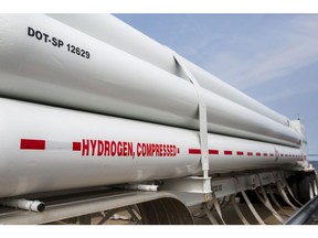 Hydrogen tanks in a storage area at the Constellation Nine Mile Point Nuclear Station in Scriba, New York, US, on Tuesday, May 9, 2023. Constellation Energy has paused its efforts to make hydrogen using nuclear power as the Biden administration considers limiting tax credits.