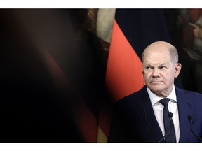 Olaf Scholz, Germany's chancellor, during a news conference following his meeting with Giorgia Meloni, Italy's prime minister, at the Chigi Palace in Rome, Italy, on Thursday, June 8, 2023. The Italian prime minister hosted Germany's chancellor for lunch in Rome on Thursday, and talks between the two leaders -- who come from opposite sides of the political divide -- focused on energy, migration, EU budget rules, and support for Ukraine as it fights Russia's invasion. Photographer: Alessia Pierdomenico/Bloomberg