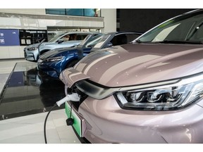 BYD Co. Dynasty series electric vehicles at a dealership in Beijing, China, on Monday, Aug. 28, 2023. BYD is scheduled to release earnings results today. Bloomberg