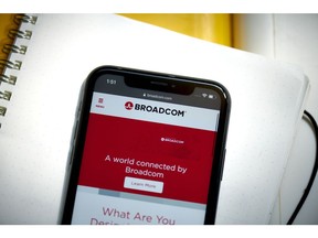 The Broadcom website on a smartphone arranged in New York, US, on Friday, Aug. 18, 2023. Broadcom Inc. is scheduled to release earnings figures on August 31. Photographer: Gabby Jones/Bloomberg