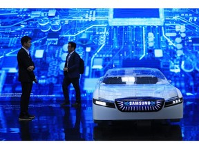 A Samsung electric car on display at the Munich Motor Show on Sept. 5.