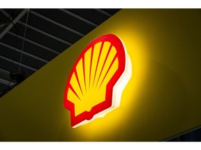 The Shell logo is displayed at their exhibition booth at Gastech 2023 in Singapore, on Tuesday, Sept. 5, 2023.  Photographer: Nicky Loh/Bloomberg via Getty Images