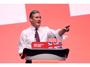 Keir Starmer, leader of the Labour Party, delivers his keynote speech on day three of the UK Labour Party annual conference in Liverpool, UK, on Tuesday, Oct. 10, 2023. Starmer's team has been trying to strike a balance between presenting the opposition as a government-in-waiting while avoiding any missteps that would see the Tories recover momentum.