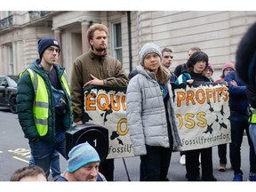 Greta Thunberg, climate activist, during a protest organized by Fossil Free London near the venue of the Energy Intelligence Forum in London, UK, on Tuesday, Oct. 17, 2023. Top executives from the oil and gas industry have gathered in London for the annual Energy Intelligence Forum.